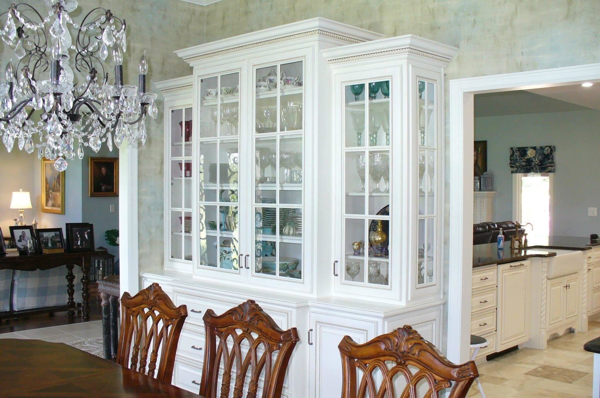 Custom china cabinet hutch with glass doors in dining room
